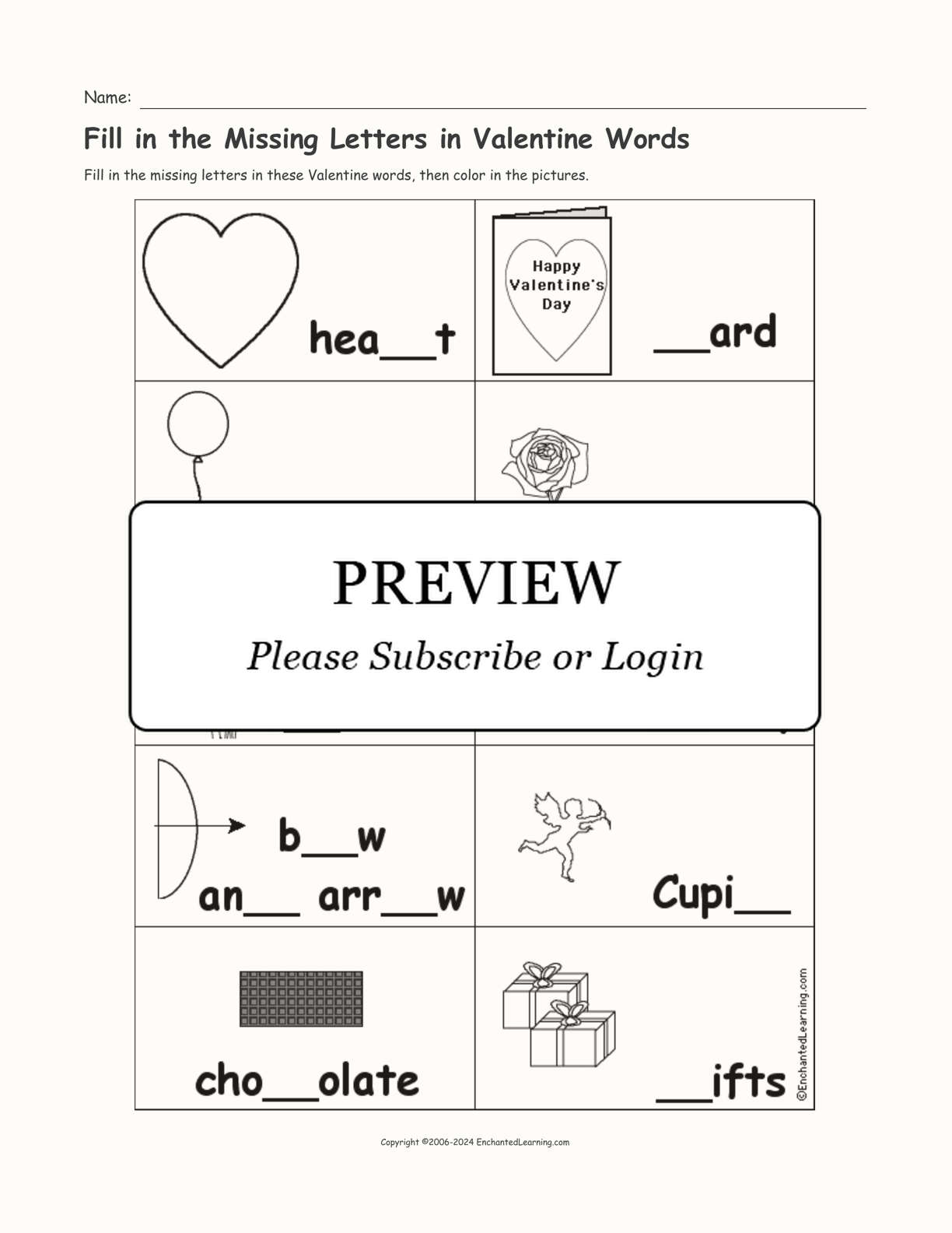 Fill in the Missing Letters in Valentine Words interactive worksheet page 1