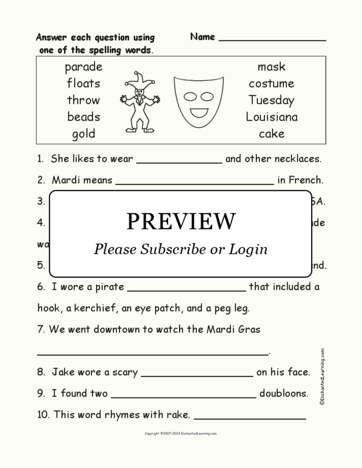 Mardi Gras Spelling Word Questions interactive worksheet page 1
