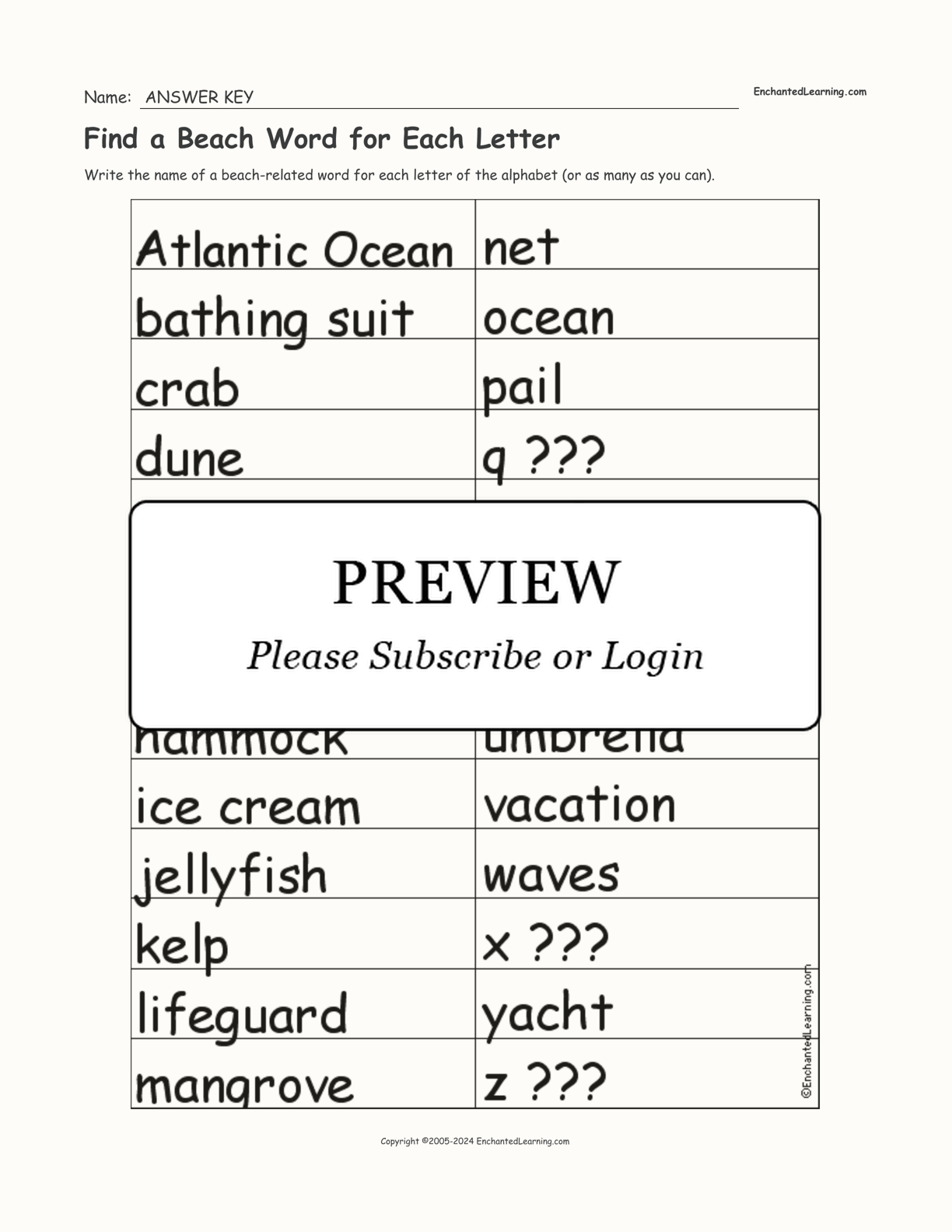 Find a Beach Word for Each Letter interactive worksheet page 2