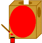 Painting a red circle on the paper bag.