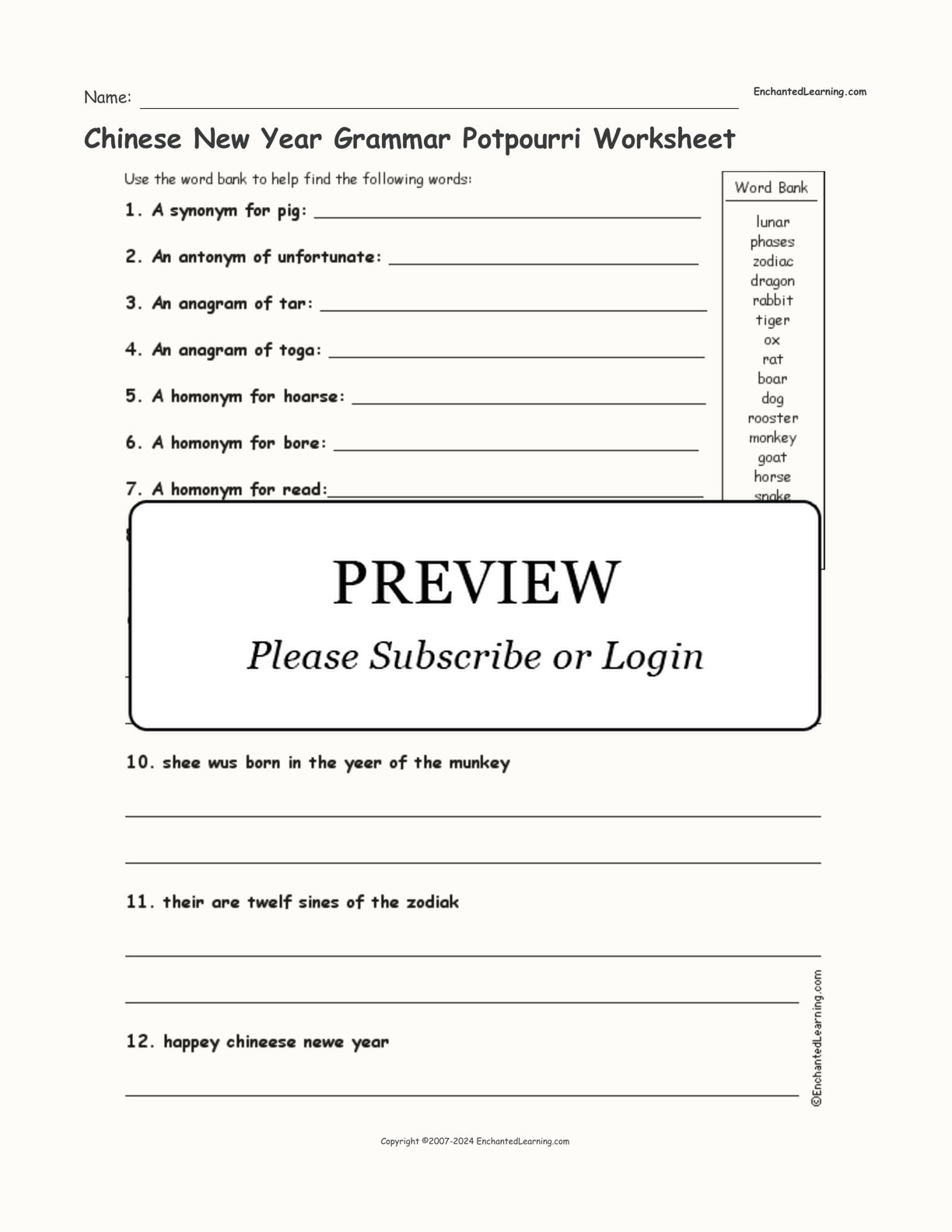Chinese New Year Grammar Potpourri Worksheet interactive worksheet page 1