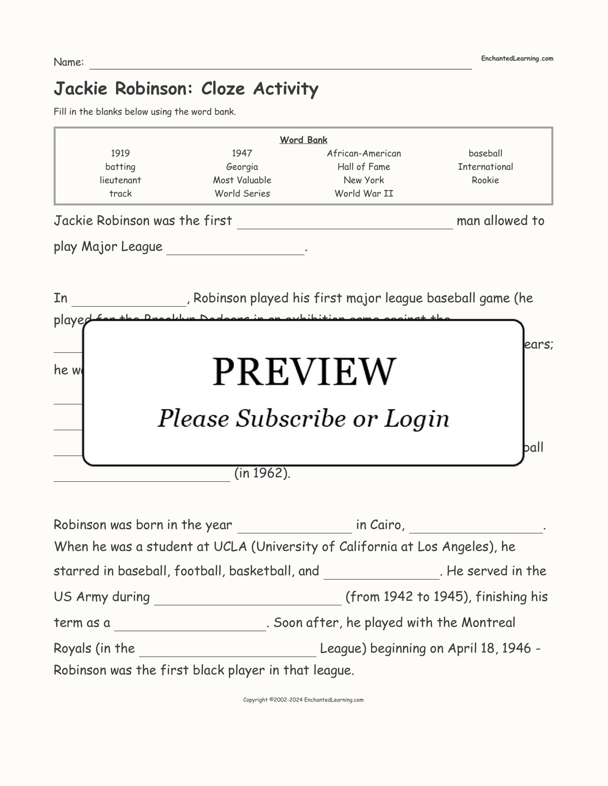 Jackie Robinson: Cloze Activity interactive worksheet page 1