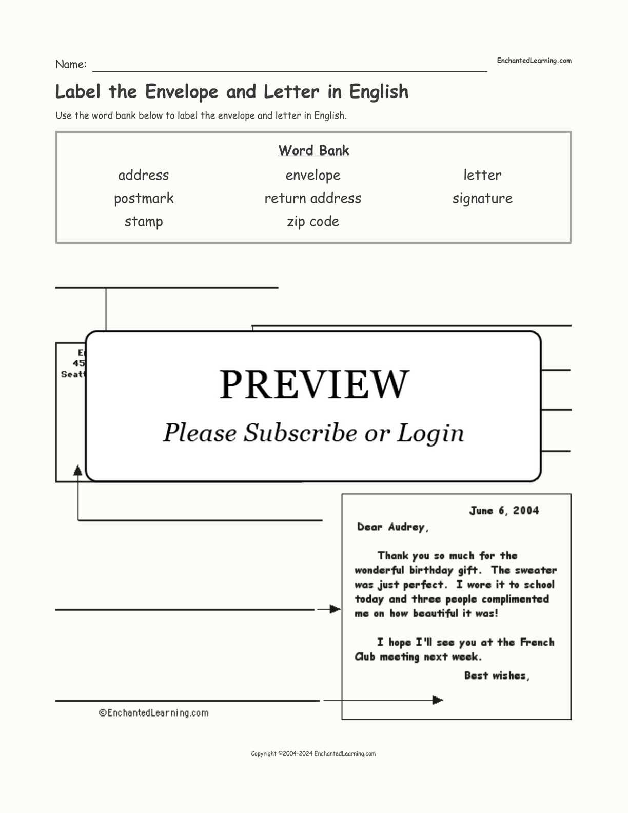 Label the Envelope and Letter in English interactive worksheet page 1