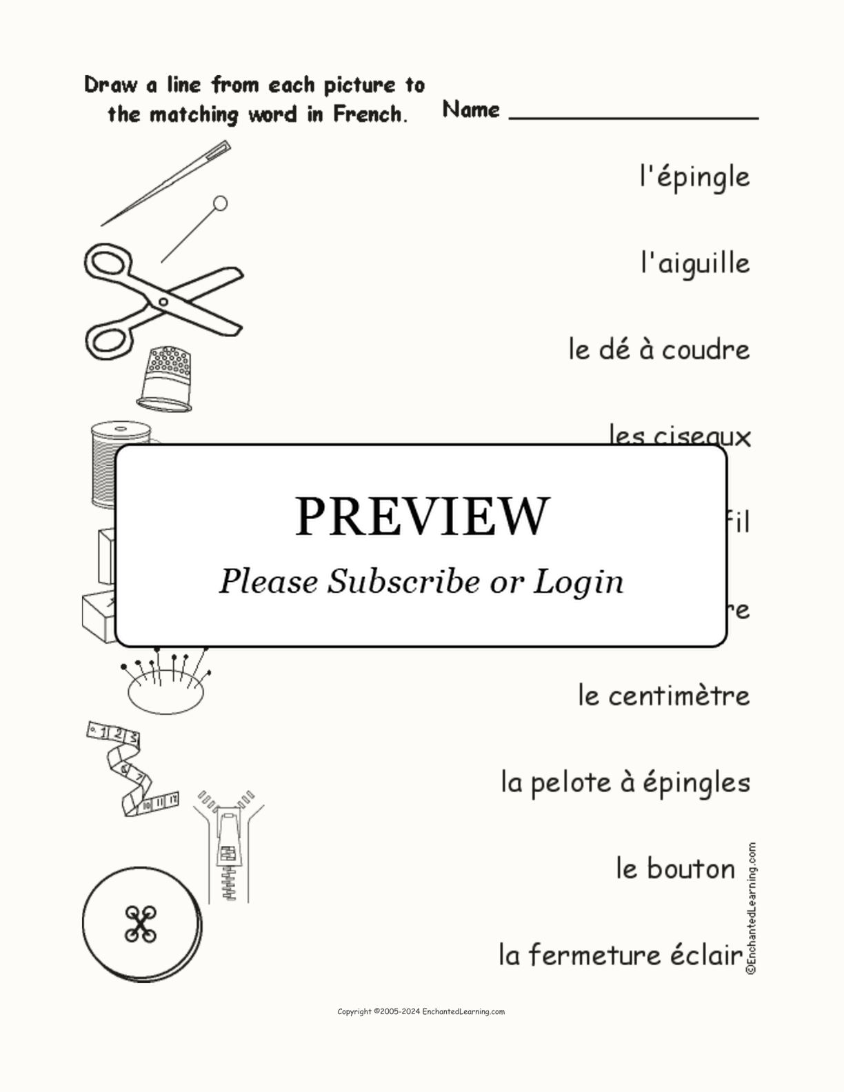 Match the French Sewing Words to the Pictures interactive worksheet page 1