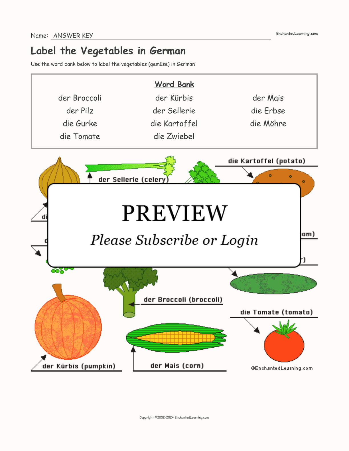 Label the Vegetables in German interactive worksheet page 2