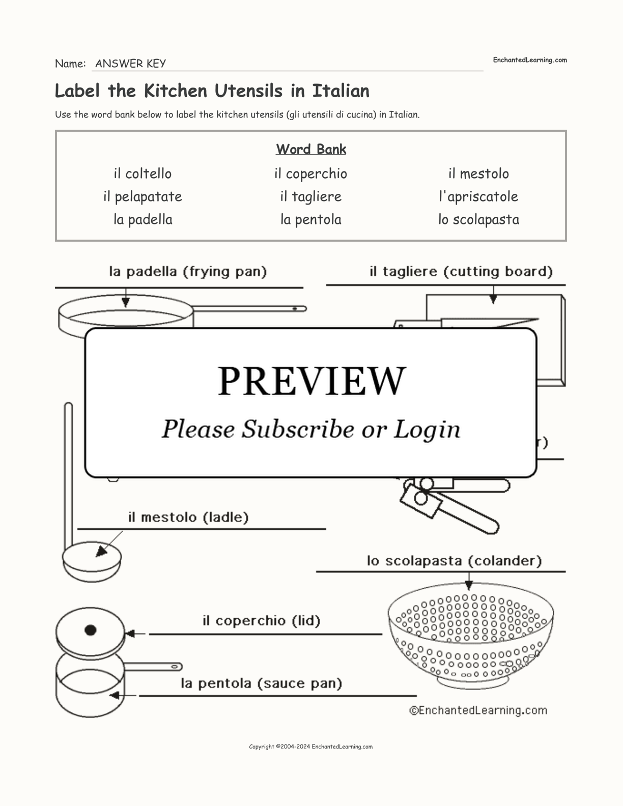 Label the Kitchen Utensils in Italian interactive worksheet page 2