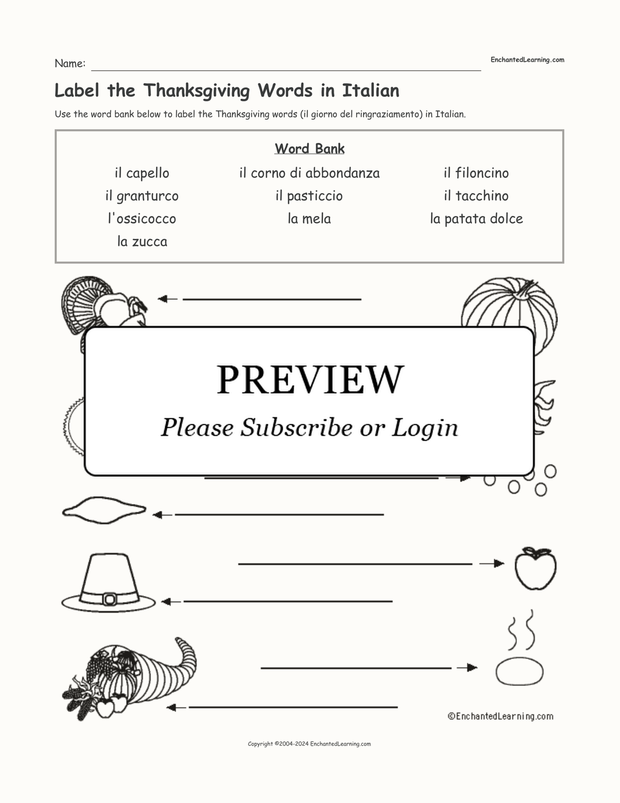 Label the Thanksgiving Words in Italian interactive worksheet page 1