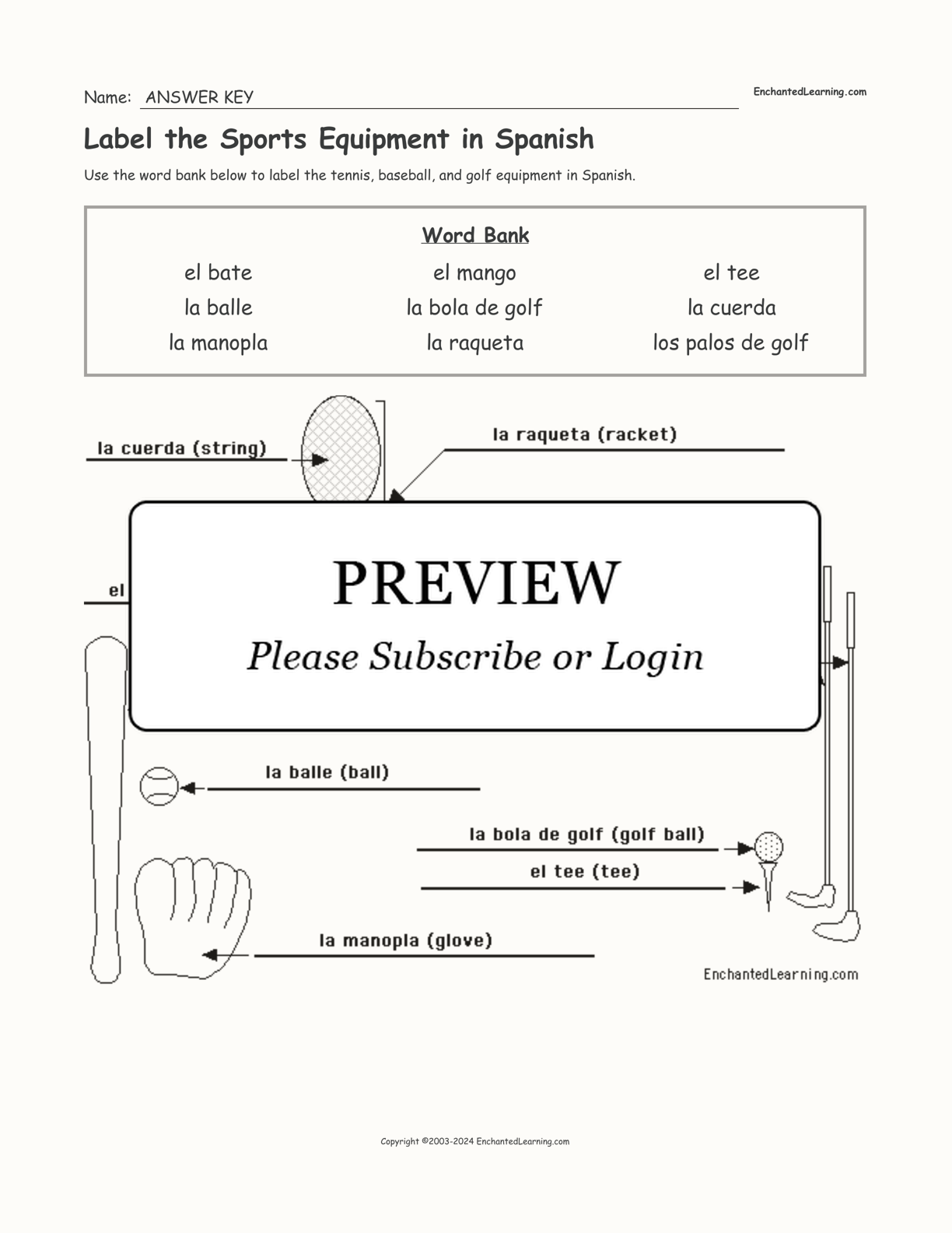 Label the Sports Equipment in Spanish interactive worksheet page 2