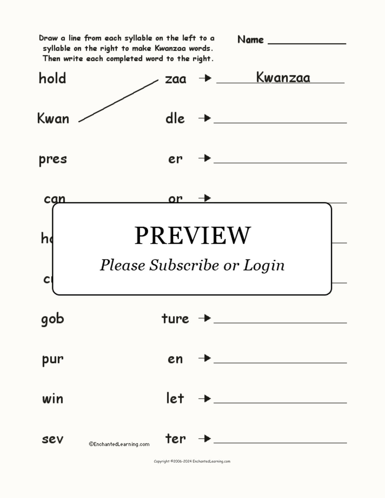 Match the Syllables: Kwanzaa Words interactive worksheet page 1