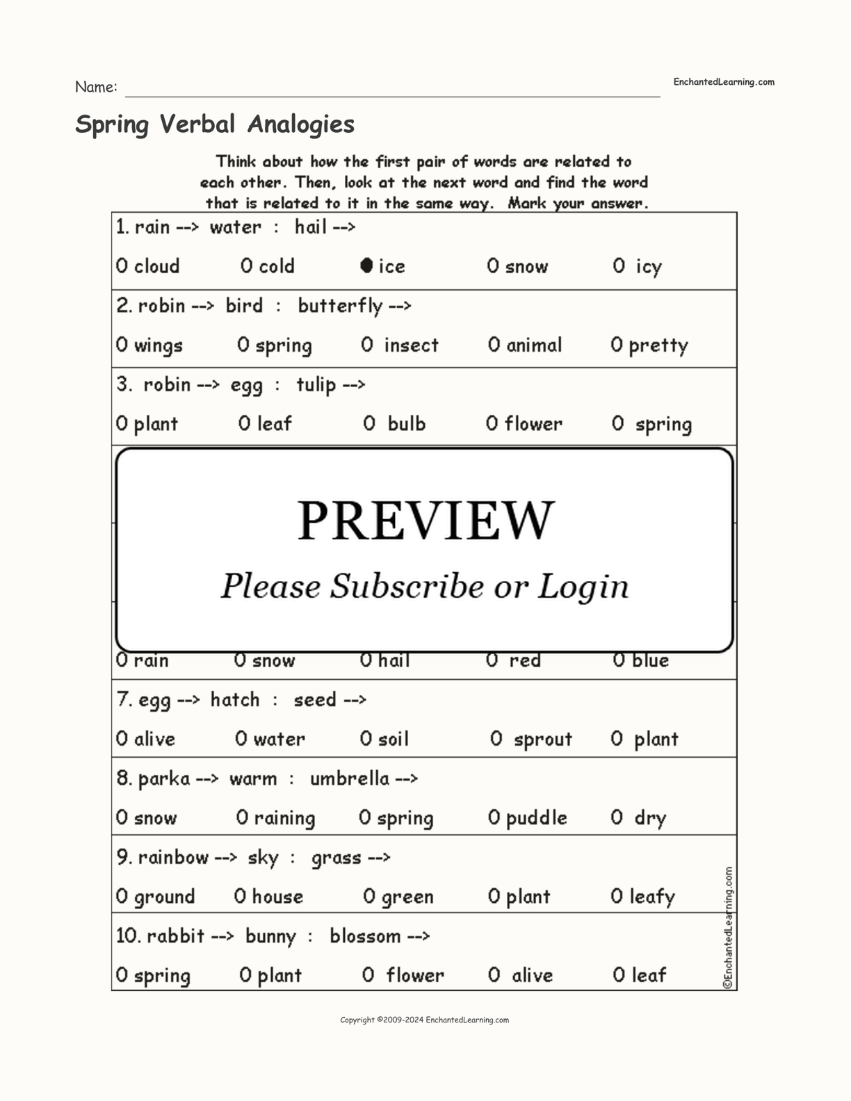 Spring Verbal Analogies interactive worksheet page 1